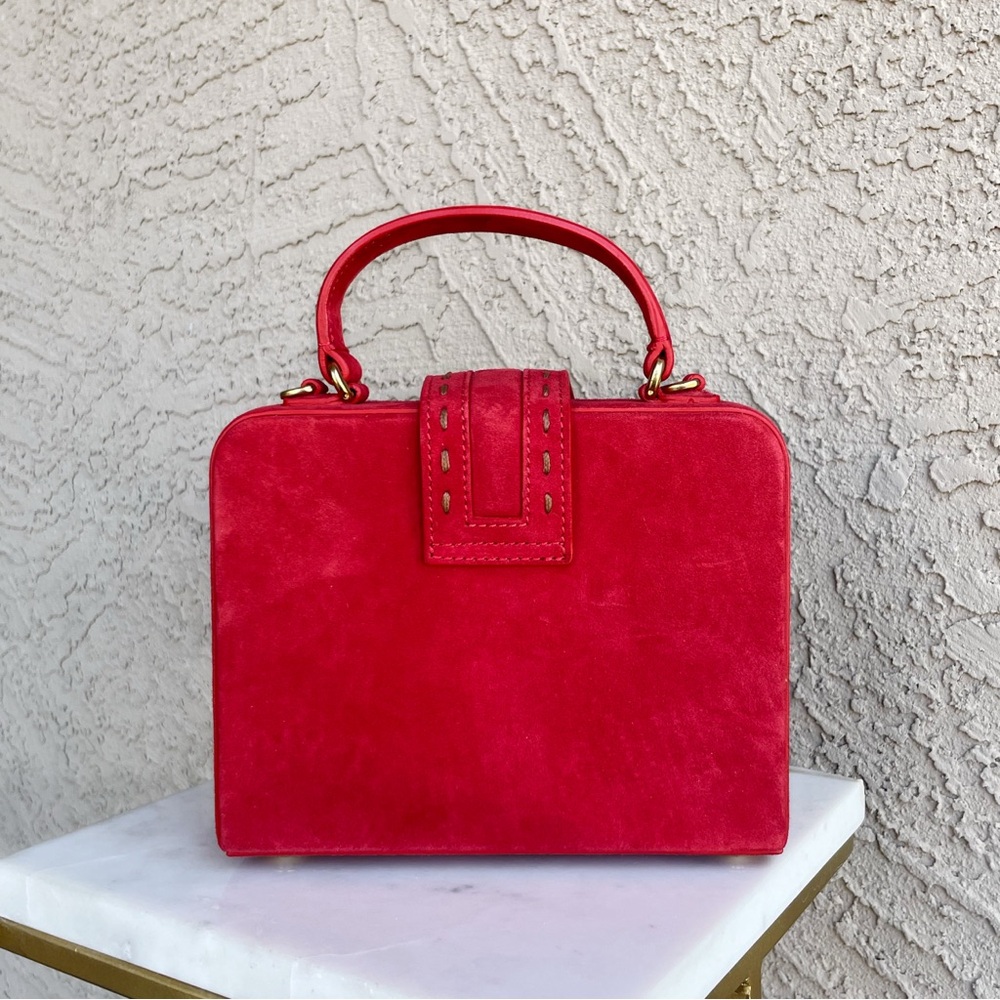 MEHRY MU Red Suede Fey Box Bag Classic Stitched Top Handle Crossbody Bag - Picture 11 of 15